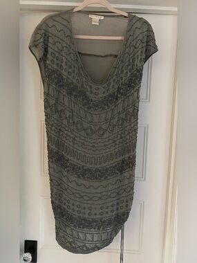 Gold Hawk Embellished Beaded Scoop Neck Dress - Olive Green